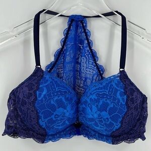 VS Pink Date Racerback Push Up Padded Bra Lace Blue Front Close Underwire 32C